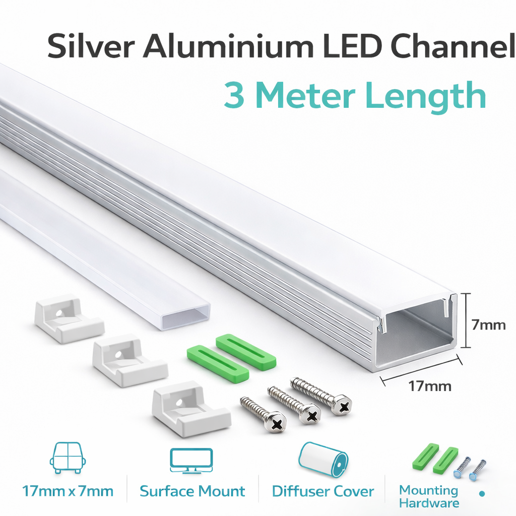 17mm x 7mm Silver Aluminium Surface Mount LED Channel 3m