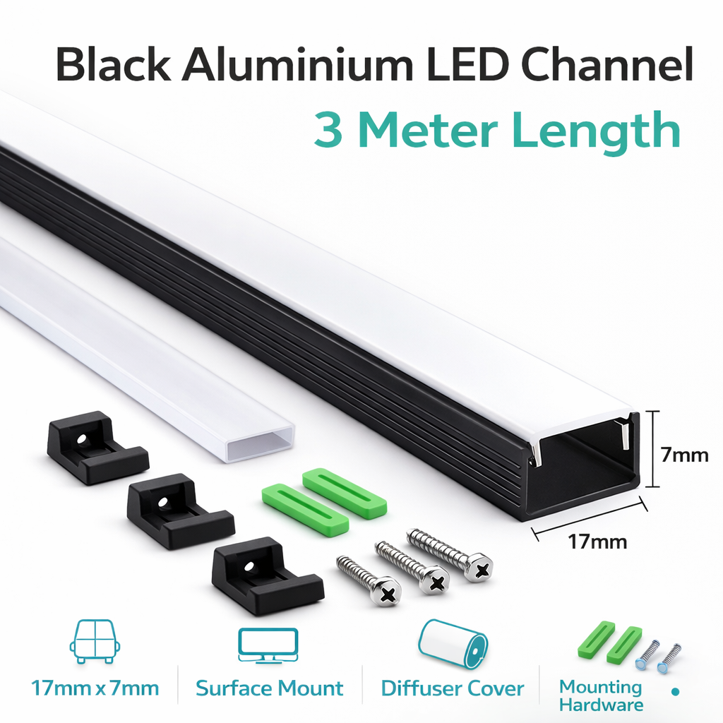17mm x 7mm Black Aluminium Surface Mount LED Channel 3m