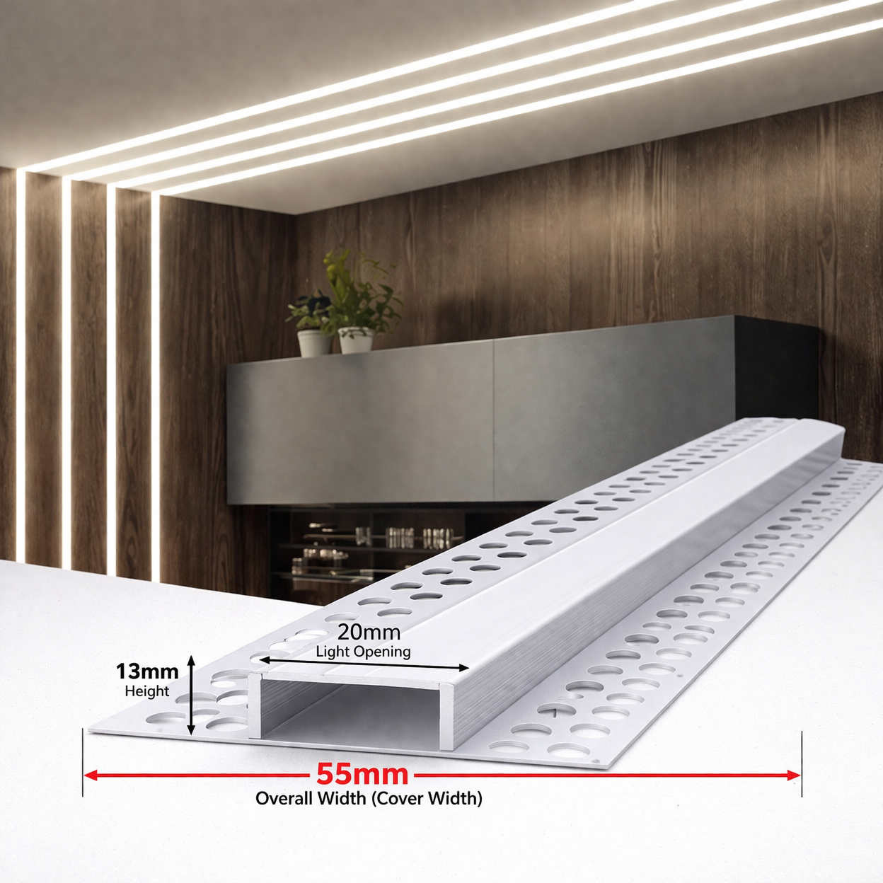 55mm x 20mm x 13mm Aluminium Drywall LED Profile Plaster-In Trimless Channel (3 Meter)