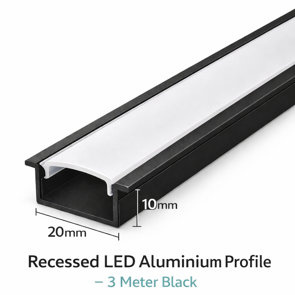 20mm x 10mm Recessed LED Aluminium Profile 3 Meter Black (Flush Mount Channel)
