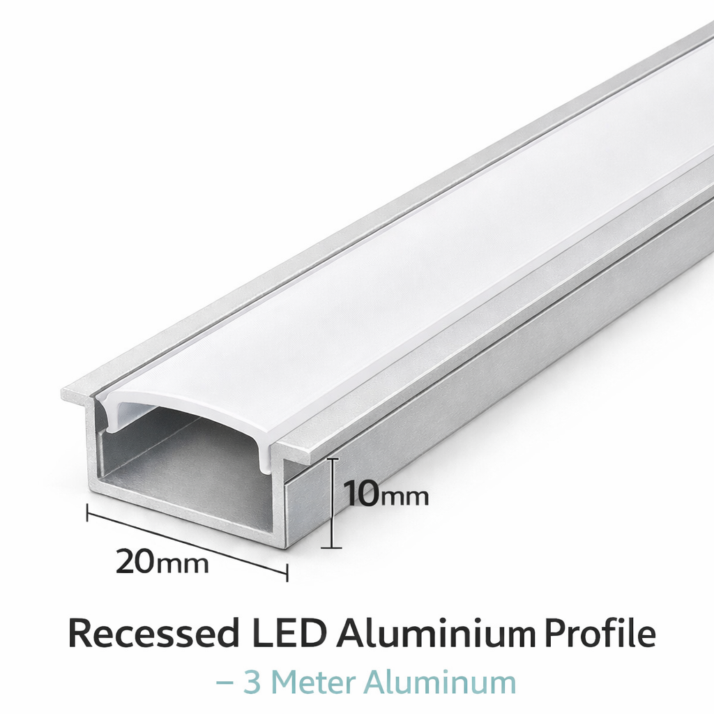 20mm x 10mm Recessed LED Aluminium Profile 3 Meter Silver (Flush Mount Channel)