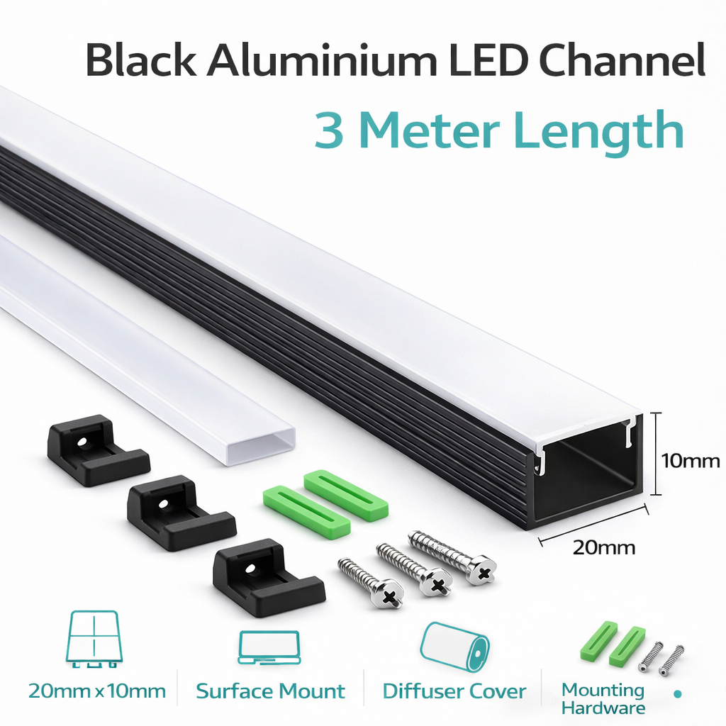 20mm x 10mm LED Aluminium Profile 3 Meter Black Finish (Surface Mount Channel)
