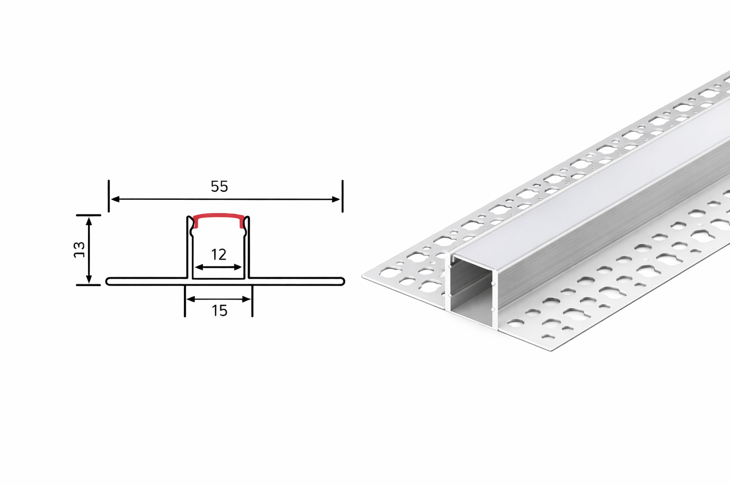 15mm x 15mm x 13mm Aluminium LED Channel Surface / Drywall Compatible 3 Meter