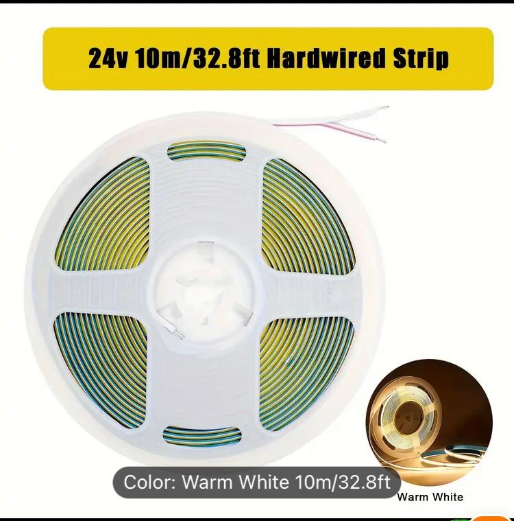 24V COB LED Strip Light 10m Warm White 3000K (8mm, 14W/m, IP20)