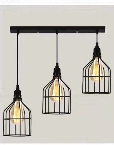 Industrial Caged Pendant Metallic Hanging Ceiling Light with Linear Canopy in Black M132-3