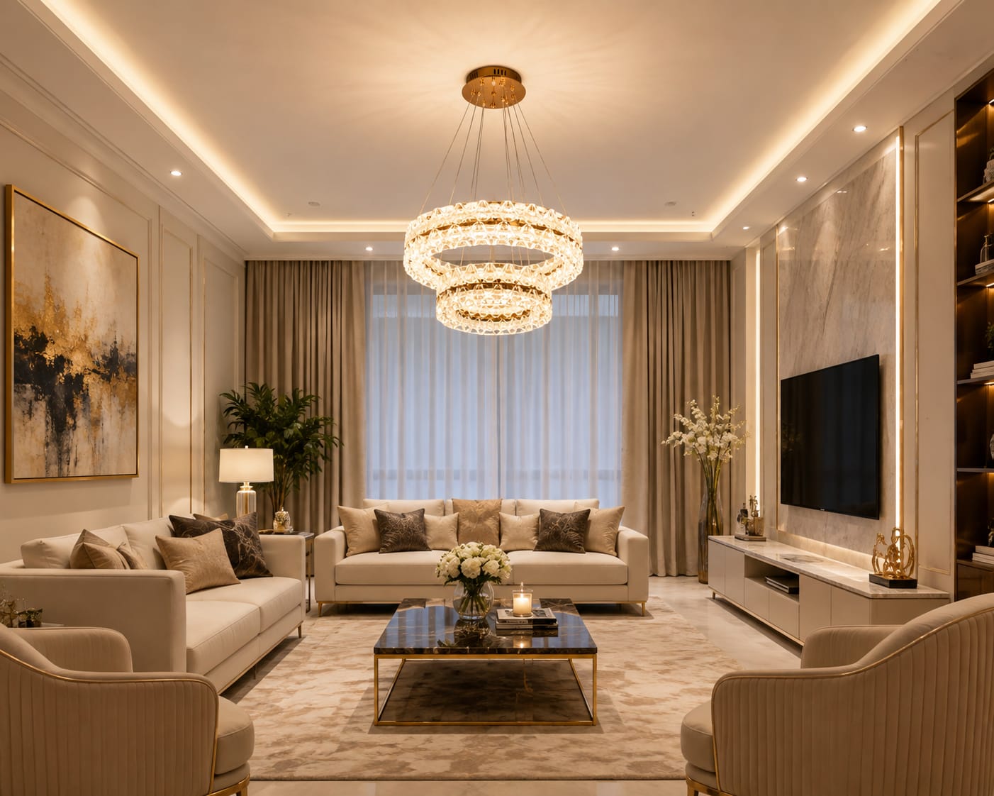 Luxe crystal cascade 3-tier Gold Chandelier
