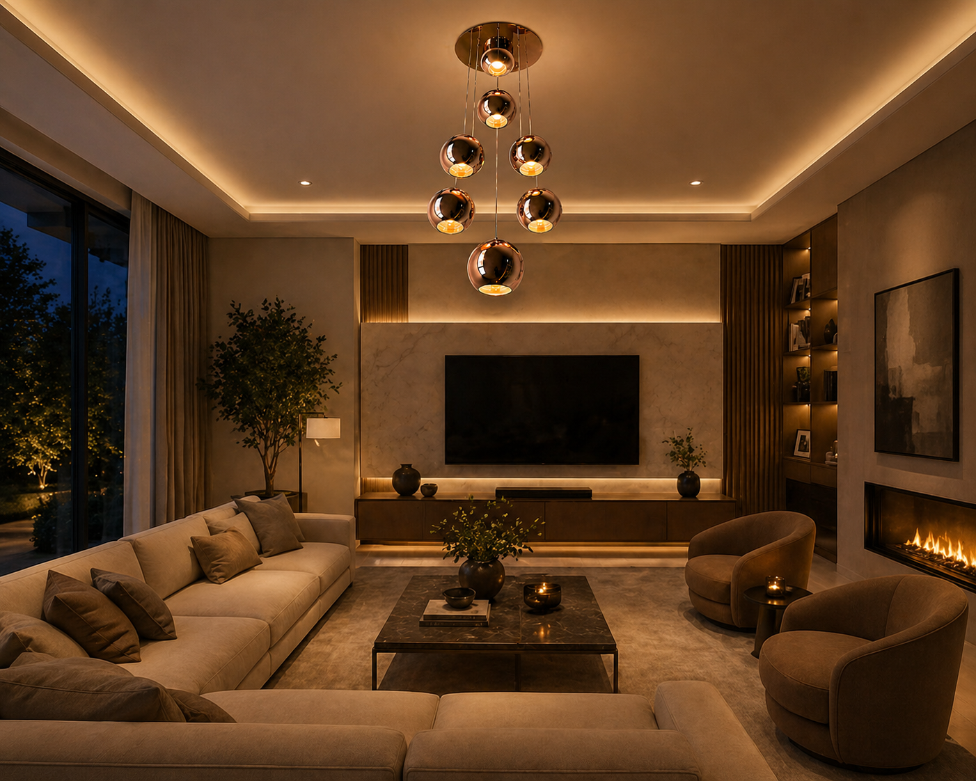 C06/7 Modern Copper Glass Ball Pendant Light (7 Head Cluster) Luxury Hanging Chandelier