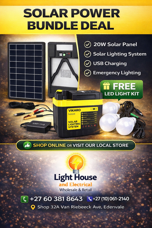 20W Solar Power Bundle Kit  Solar Panel + VIKARO Solar Lighting System + FREE LED Lights (Load Shedding Ready)