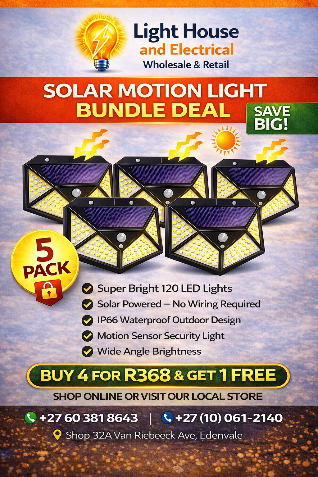 Solar Motion Sensor Wall Light  120 LED Outdoor Security Light (5 Pack Bundle)