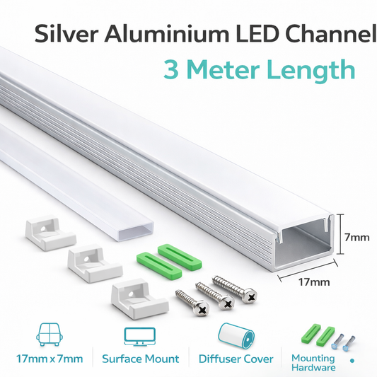 17mm x 7mm Silver Aluminium Surface Mount LED Channel  3m