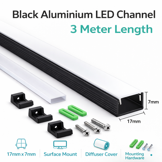 17mm x 7mm Black Aluminium Surface Mount LED Channel  3m