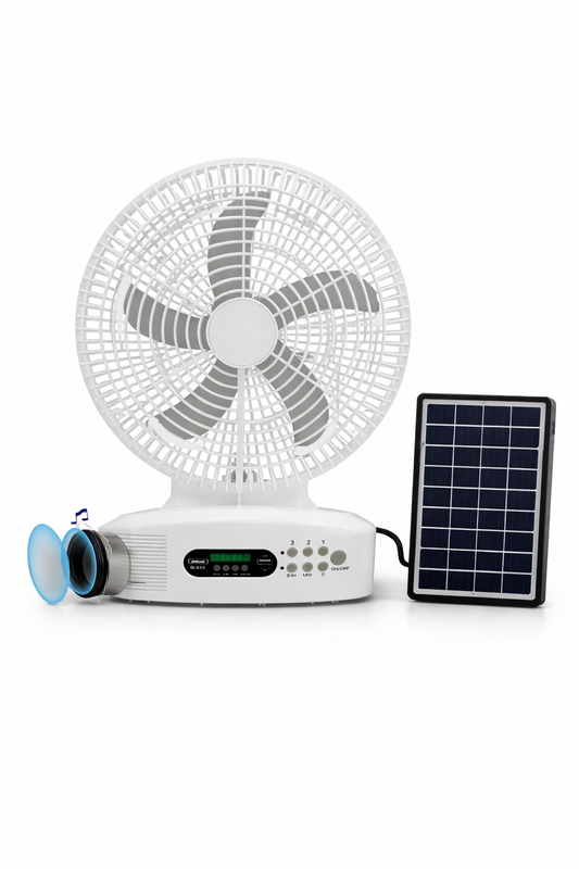 12” Solar Rechargeable AC/DC Fan with Bluetooth Speaker, FM Radio, Mobile Charger & Night Light  Q-312