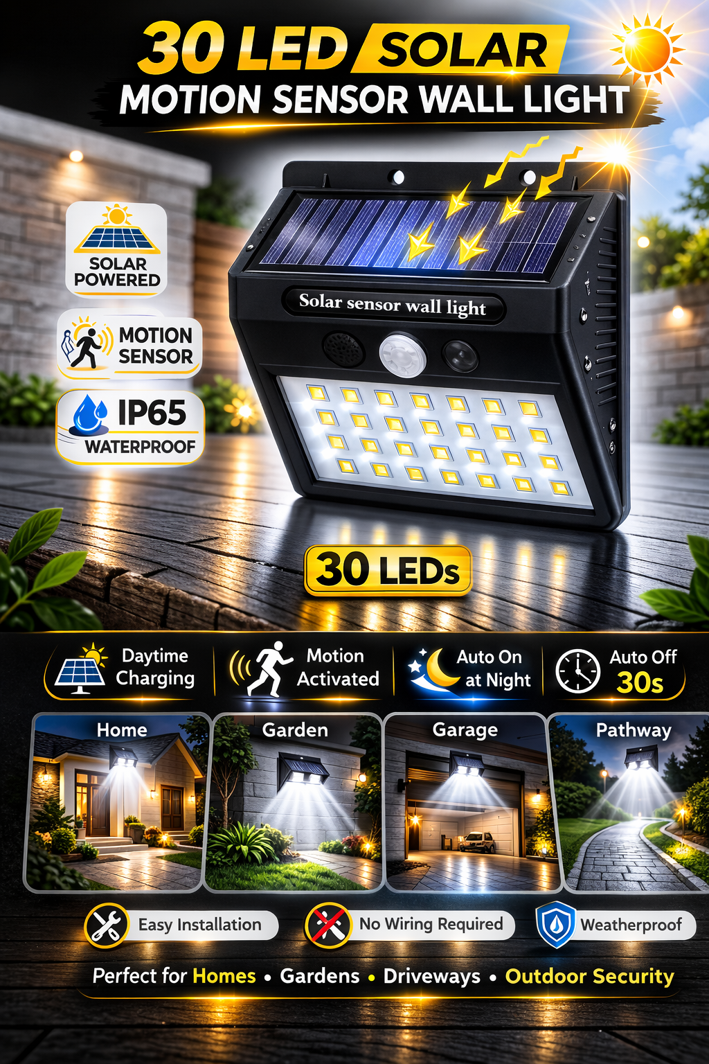 30 LED Solar Motion Sensor Wall Light  Outdoor Security Light