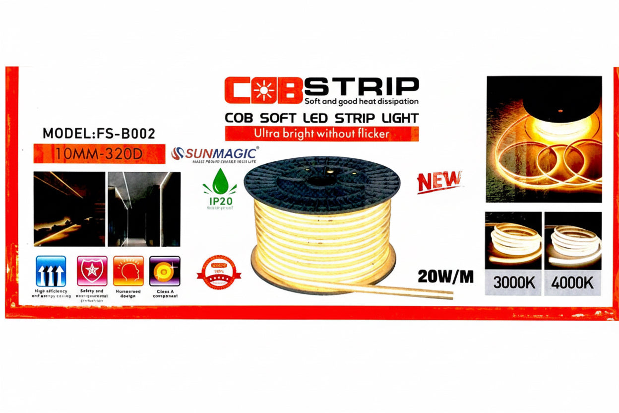 1M 8mm 220V LED COB Strip Light IP65 Waterproof  20W/M (No Transformer Required)