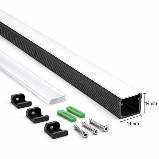 14mm x 14mm Aluminium LED Profile  Surface Mount Channel (3 Meter, Black)