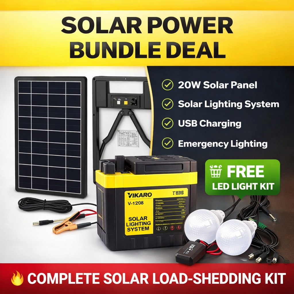 20W Solar Power Bundle Kit  Solar Panel + VIKARO Solar Lighting System + FREE LED Lights (Load Shedding Ready)