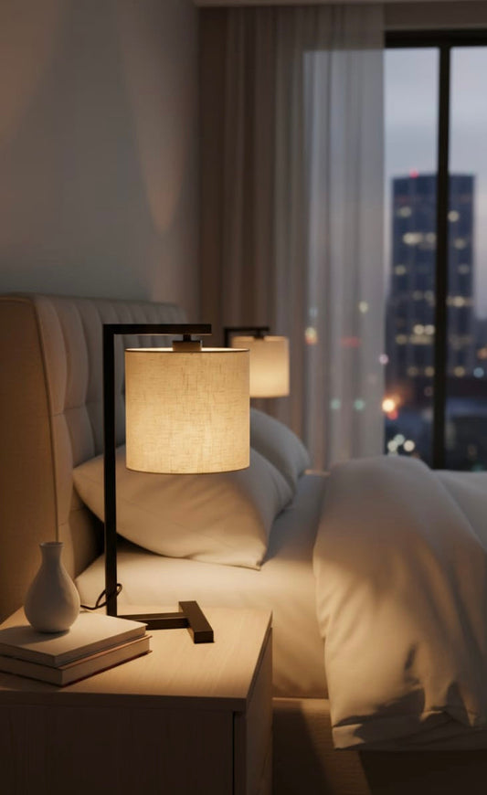 Geometric Black Frame Desk Lamp with Natural Shade  JMX-25190/1T