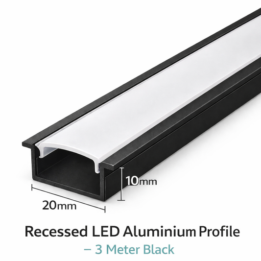 20mm x 10mm Recessed LED Aluminium Profile  3 Meter Black (Flush Mount Channel)