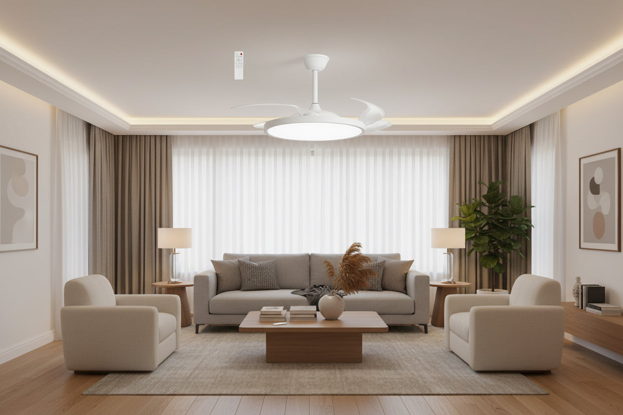 Deluxe Decorative Slim Ceiling Fan with Retractable Blades & Remote Control  White LED Ceiling Fan