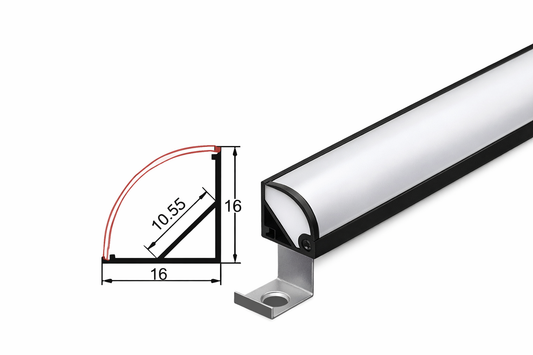 16mm x 16mm Aluminium Corner LED Profile  3 Meter Black Surface Mount Channel