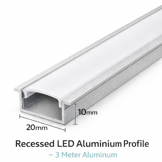 20mm x 10mm Recessed LED Aluminium Profile  3 Meter Silver (Flush Mount Channel)