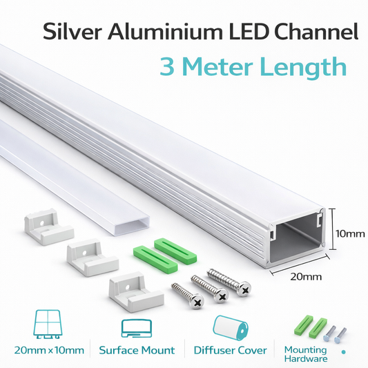 20mm x 10mm Surface Mount LED Aluminium Profile  3 Meter Silver (Standard Channel)