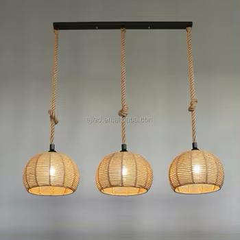 1921-3 Modern Rope & Rattan Pendant Light (3 Head)  Rustic Boho Hanging Chandelier