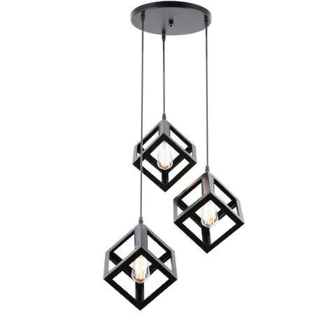 529-3 Modern Geometric Cube Pendant Light (3 Head)  Black Industrial Hanging Lamp
