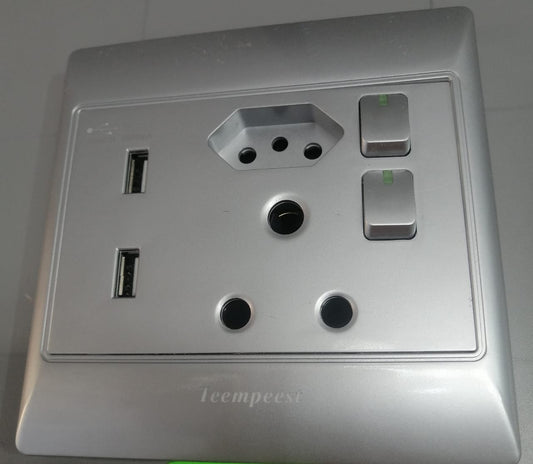 4x4 Electrical Socket Silver SA034/S  1x 2-Pin Plug + Dual USB Charging Ports (Modern Wall Outlet)