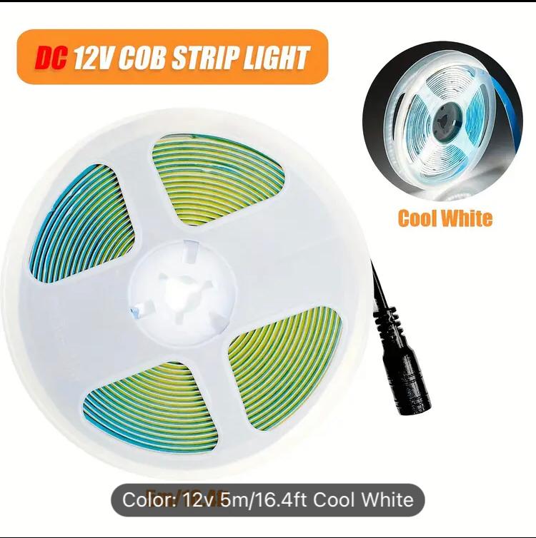 12V COB LED Strip Light  5m Cool White 6500K (8mm, 10W/m, IP20)