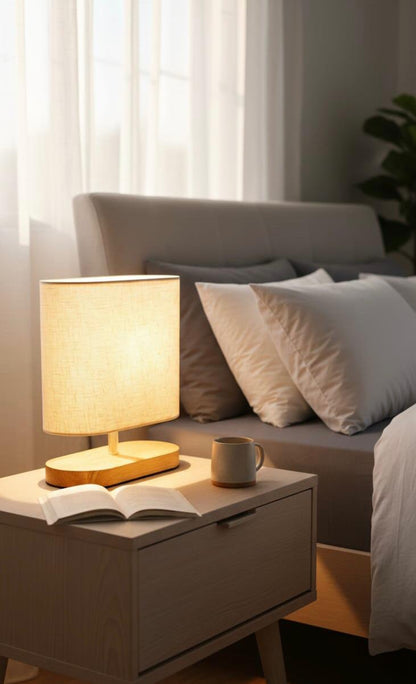 Modern Wooden Base Table Lamp with Round Fabric Shade  Bedroom / Nightstand (BQ-TL3010)