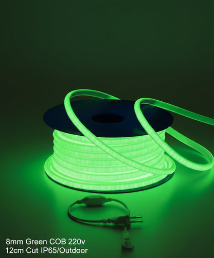 220V IP65 Outdoor Green COB LED Strip Light  8mm, Cuttable Every 12cm (100M Roll)