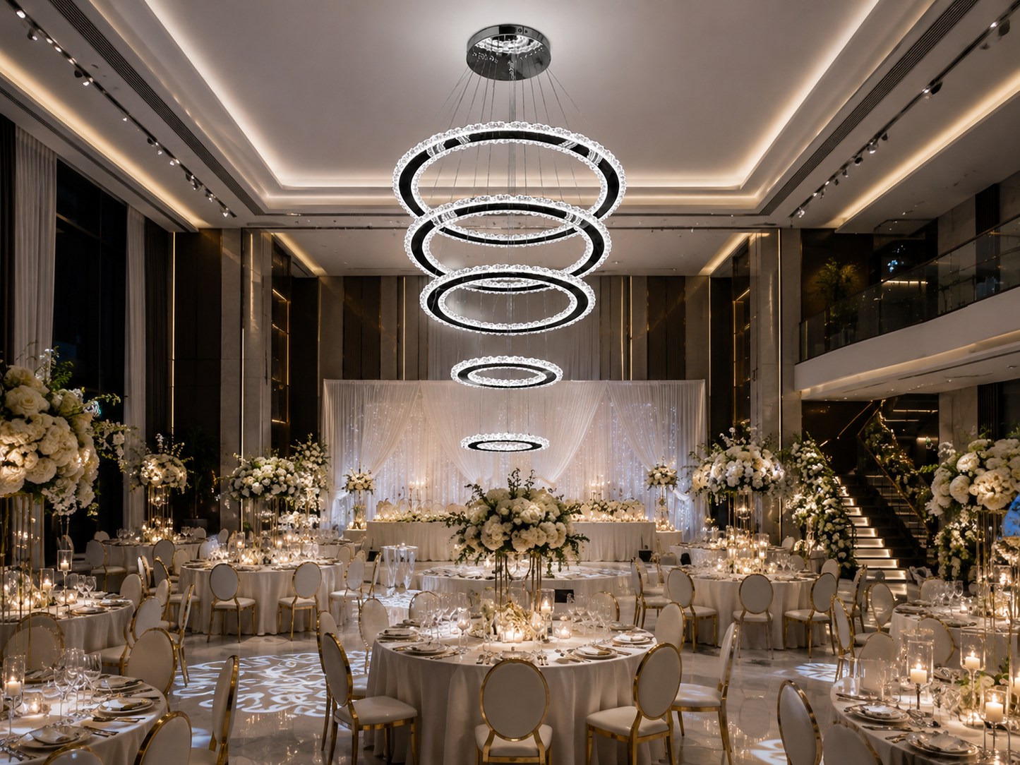 Luxury Gold-transparent cascading crystal ring LED Chandelier