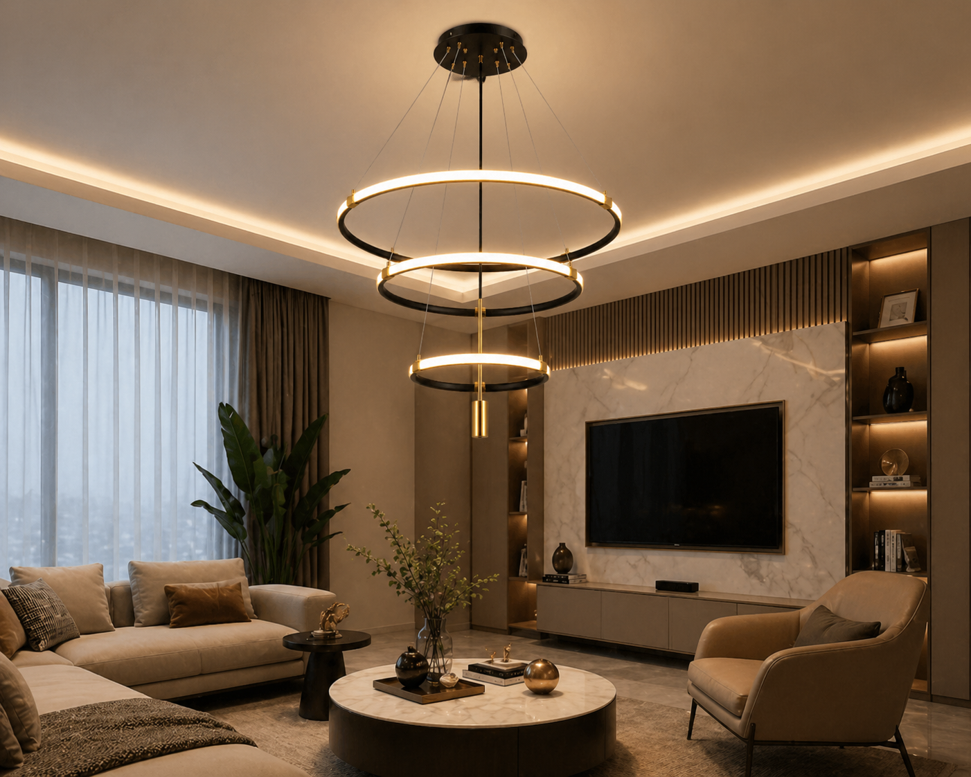 Modern 3-Ring LED Chandelier  3 Color Dimmable Gold Pendant Light (2049-4-6-8)