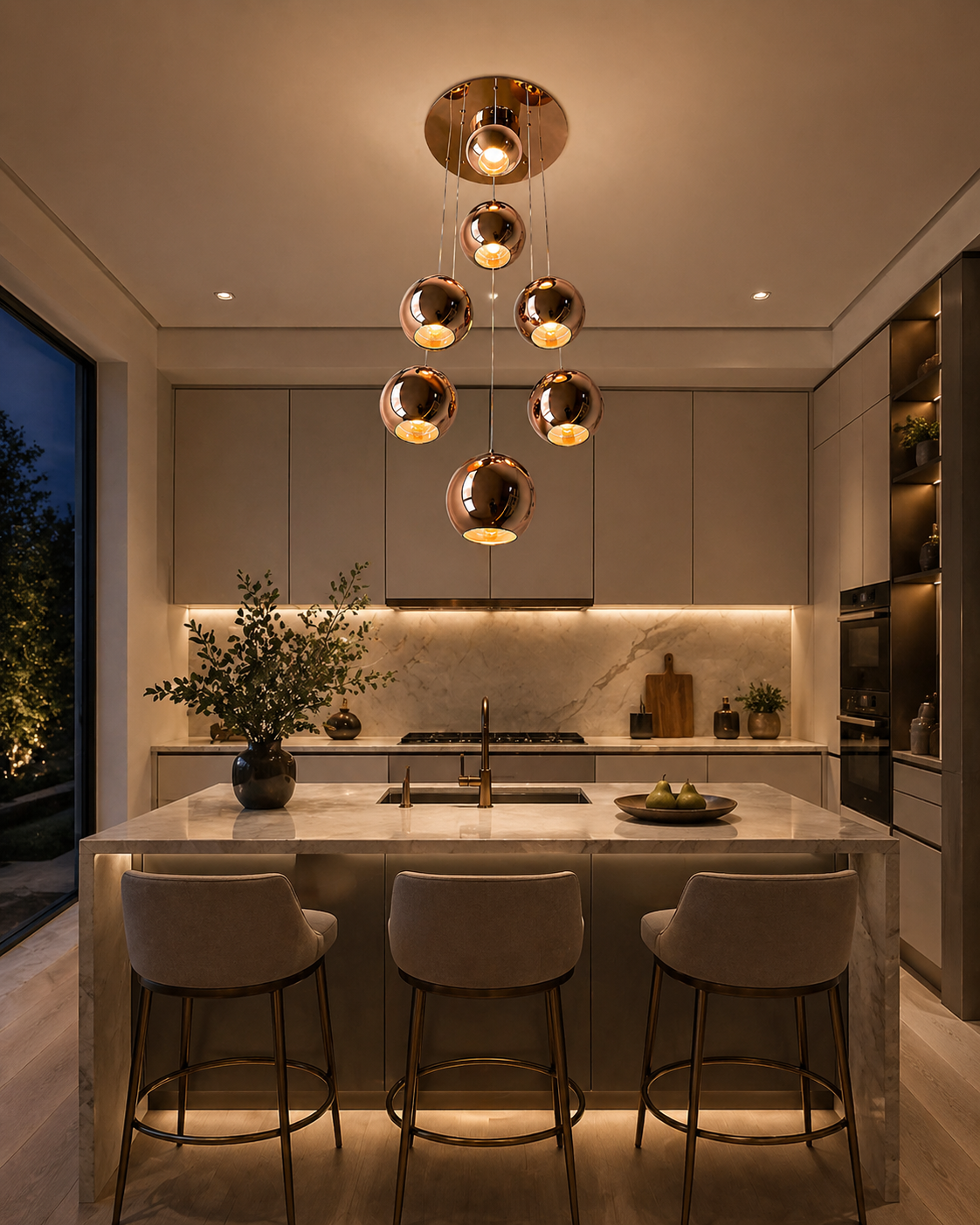 C06/7 Modern Copper Glass Ball Pendant Light (7 Head Cluster)  Luxury Hanging Chandelier