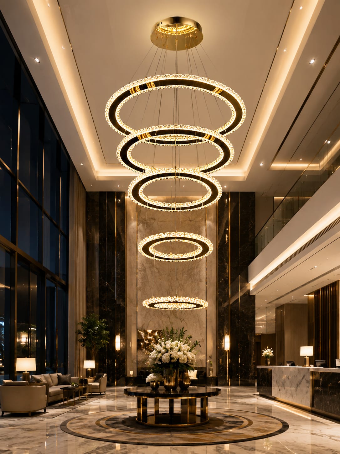 Luxury Gold-transparent cascading crystal ring LED Chandelier