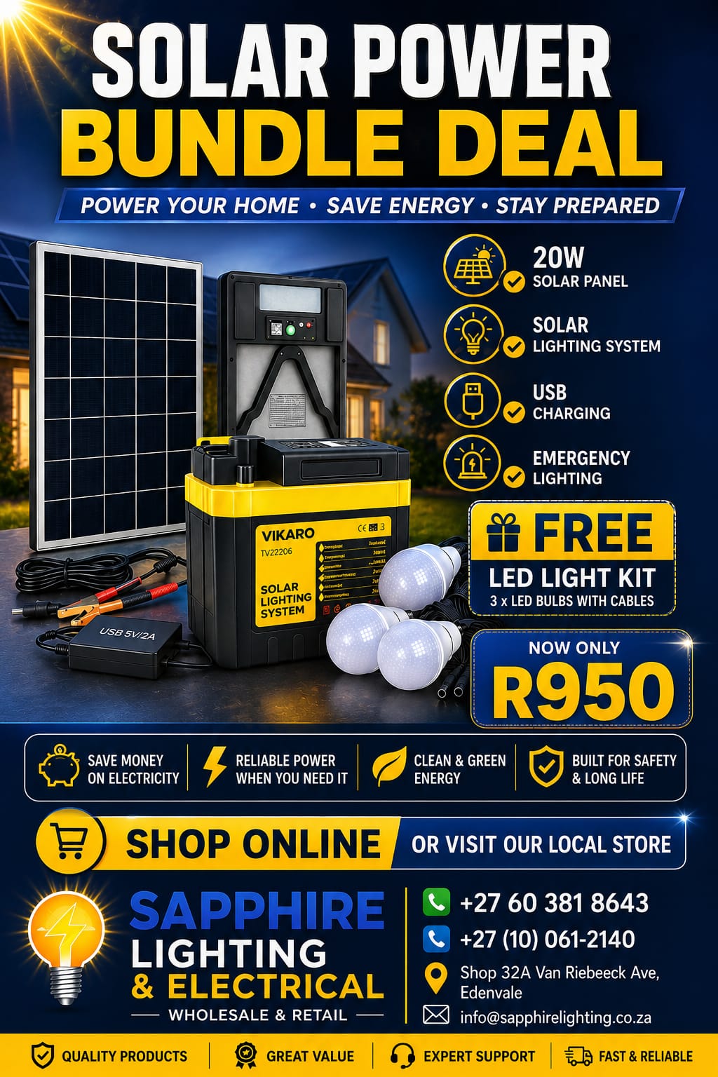 20W Solar Power Bundle Kit  Solar Panel + VIKARO Solar Lighting System + FREE LED Lights (Load Shedding Ready)