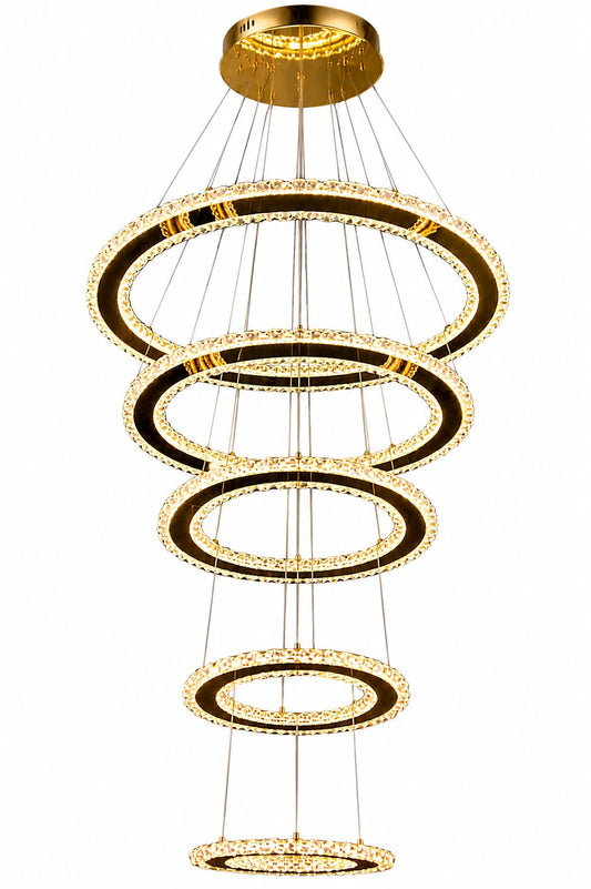 Luxury Gold-transparent cascading crystal ring LED Chandelier