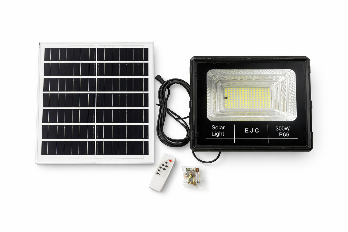 300W Solar LED Floodlight Kit with Panel & Remote (IP66 Waterproof, 7500K)