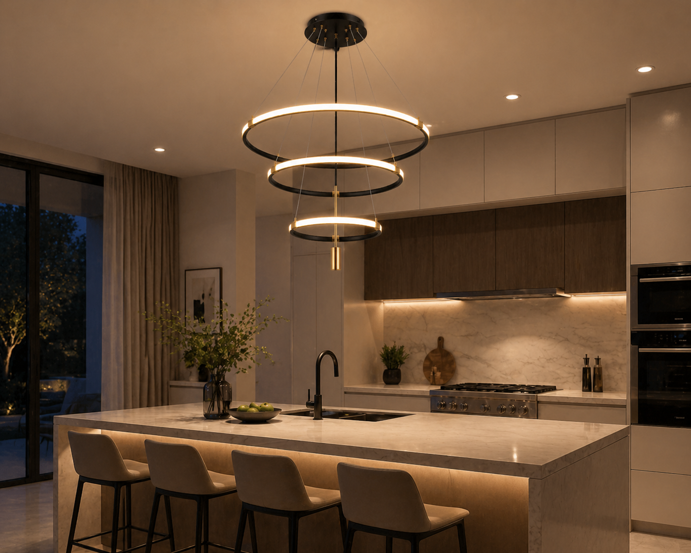 Modern 3-Ring LED Chandelier  3 Color Dimmable Gold Pendant Light (2049-4-6-8)
