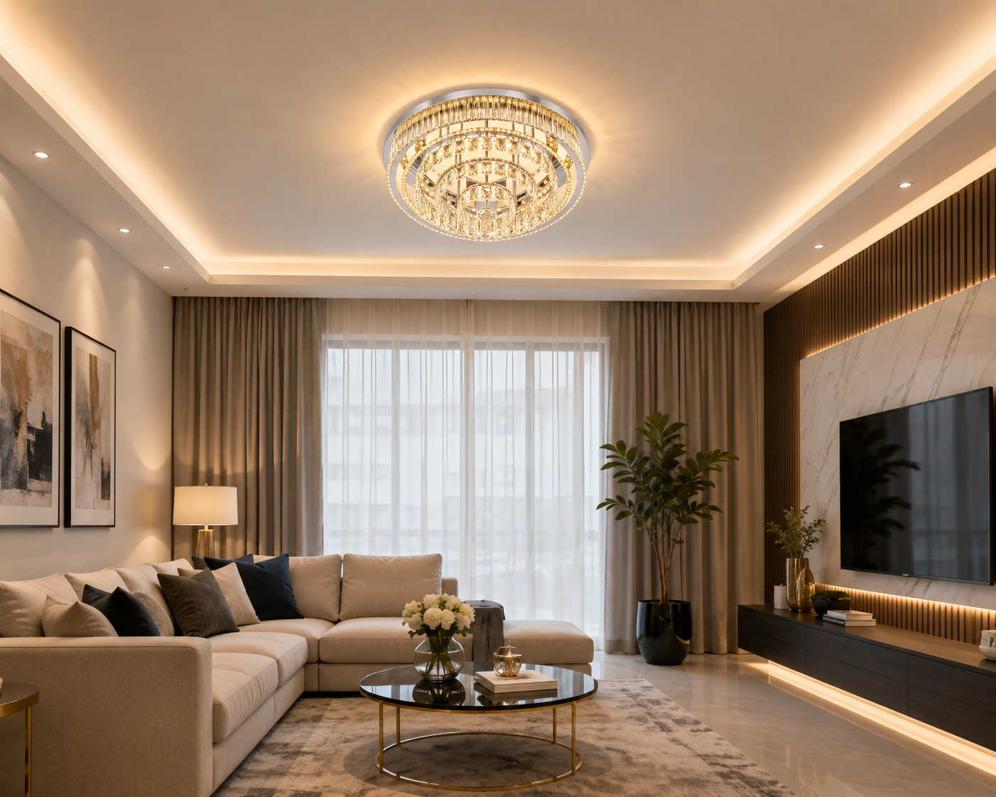 Luxury Crystal Halo Flush-Mount Chandelier