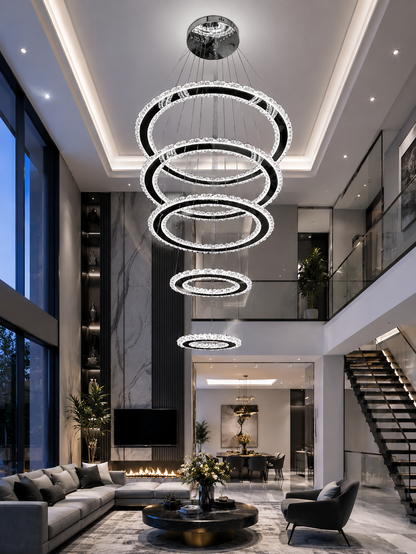 Luxury Gold-transparent cascading crystal ring LED Chandelier
