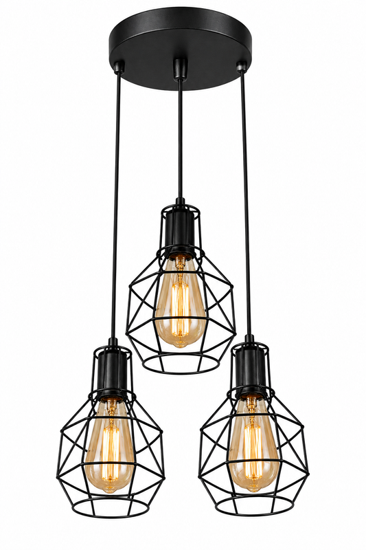 3in1 Cage industrial kitchen , dining room pendant ceiling light fitting 6018/3 R Black